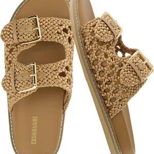 Women’s Slip On Sandals Raffia Woven Slides with Adjustable Buckle for Summer